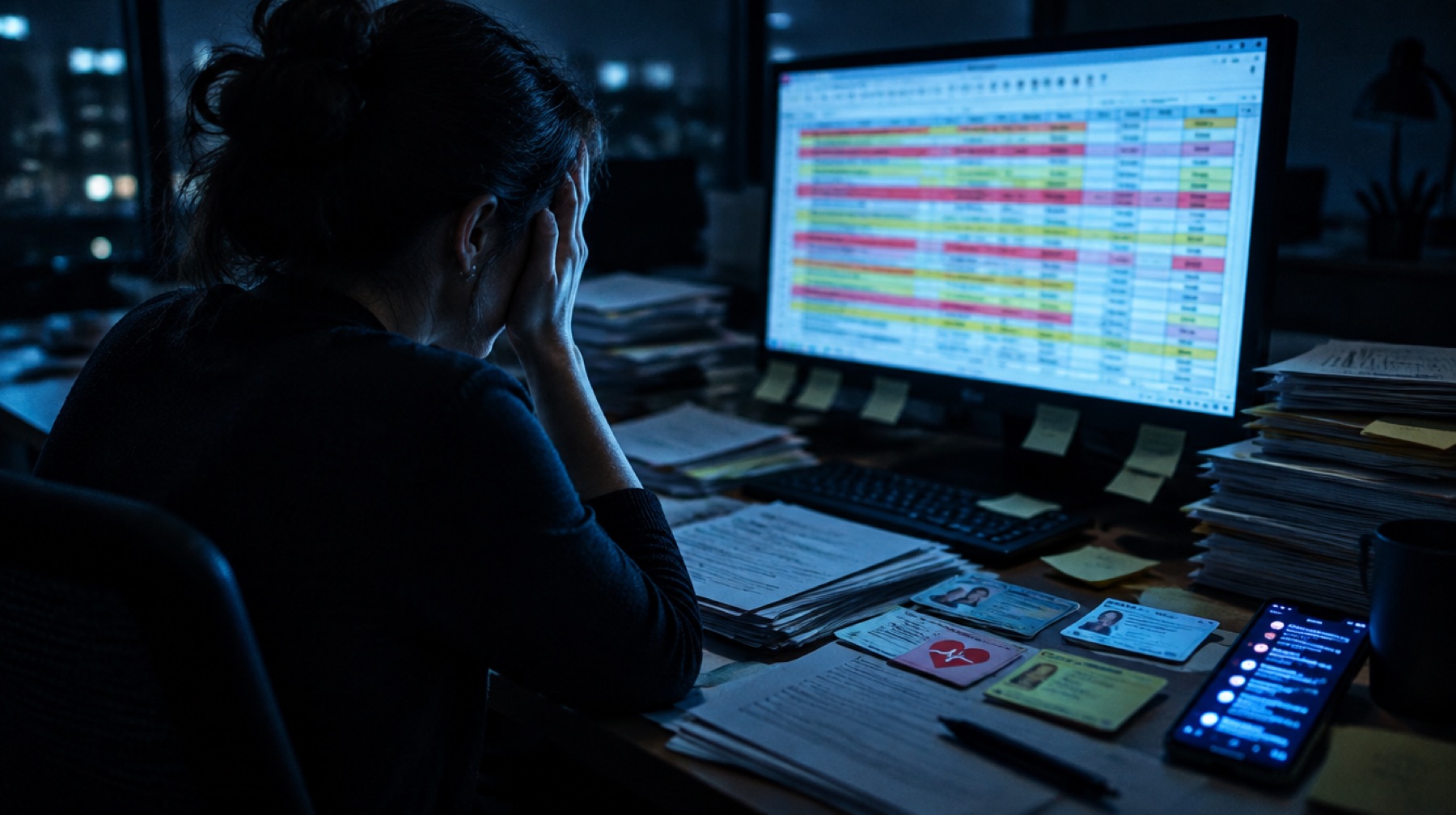 A credentialing coordinator at her desk late at night, head in her hands, buried in paper files and a spreadsheet full of red and yellow rows